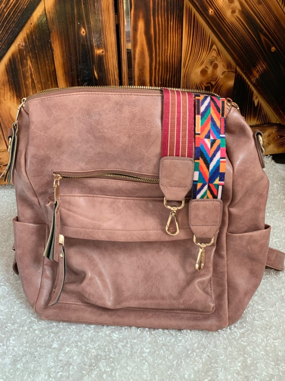 Dusty Rose Women's Faux Leather Backpack with Colorful Detachable Strap